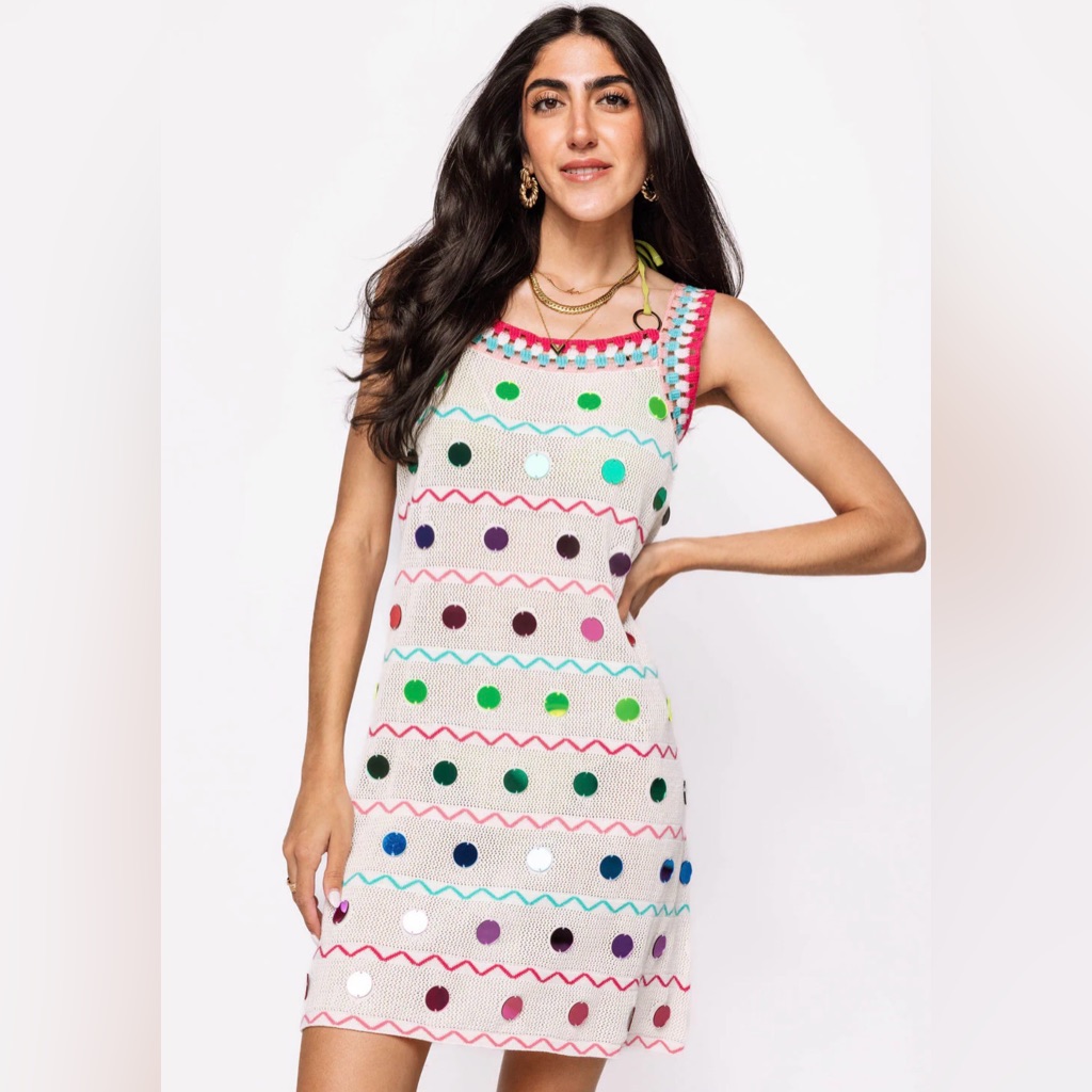 New Queen Of Sparkles White & Rainbow Crochet & Pailette Zig Zag Coverup. Sz Xs